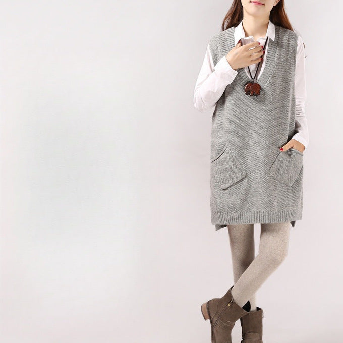 Loose Slimming Versatile Plus-Size V-Neck Knitted Sweater Vest For Women