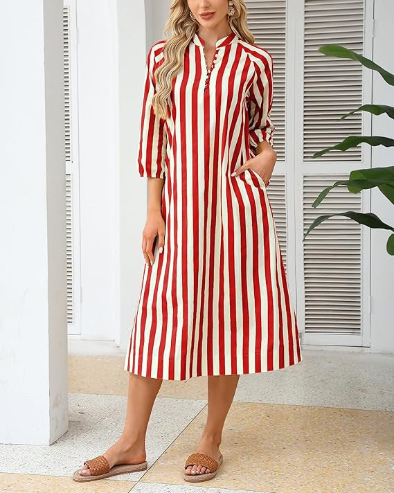 V-neck Striped Dress-shirt Skirt Thats Slimming And Relaxed-fit