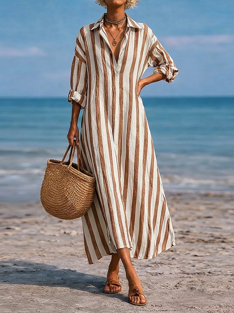 SpringSummer New Striped Lapel-Pocket Dress