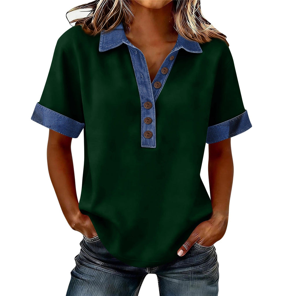 Summer New Denim Patchwork Polo Shirt