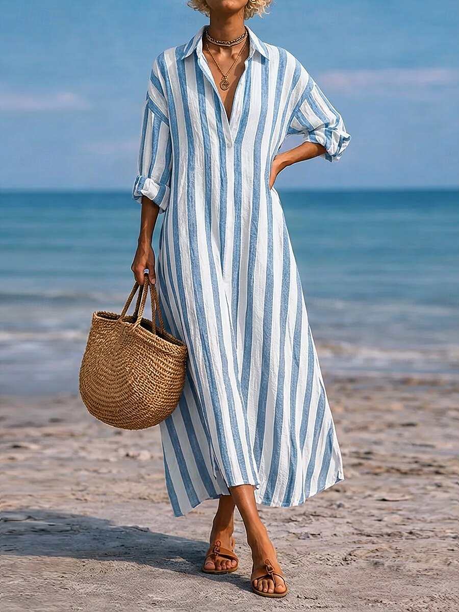 SpringSummer New Striped Lapel-Pocket Dress