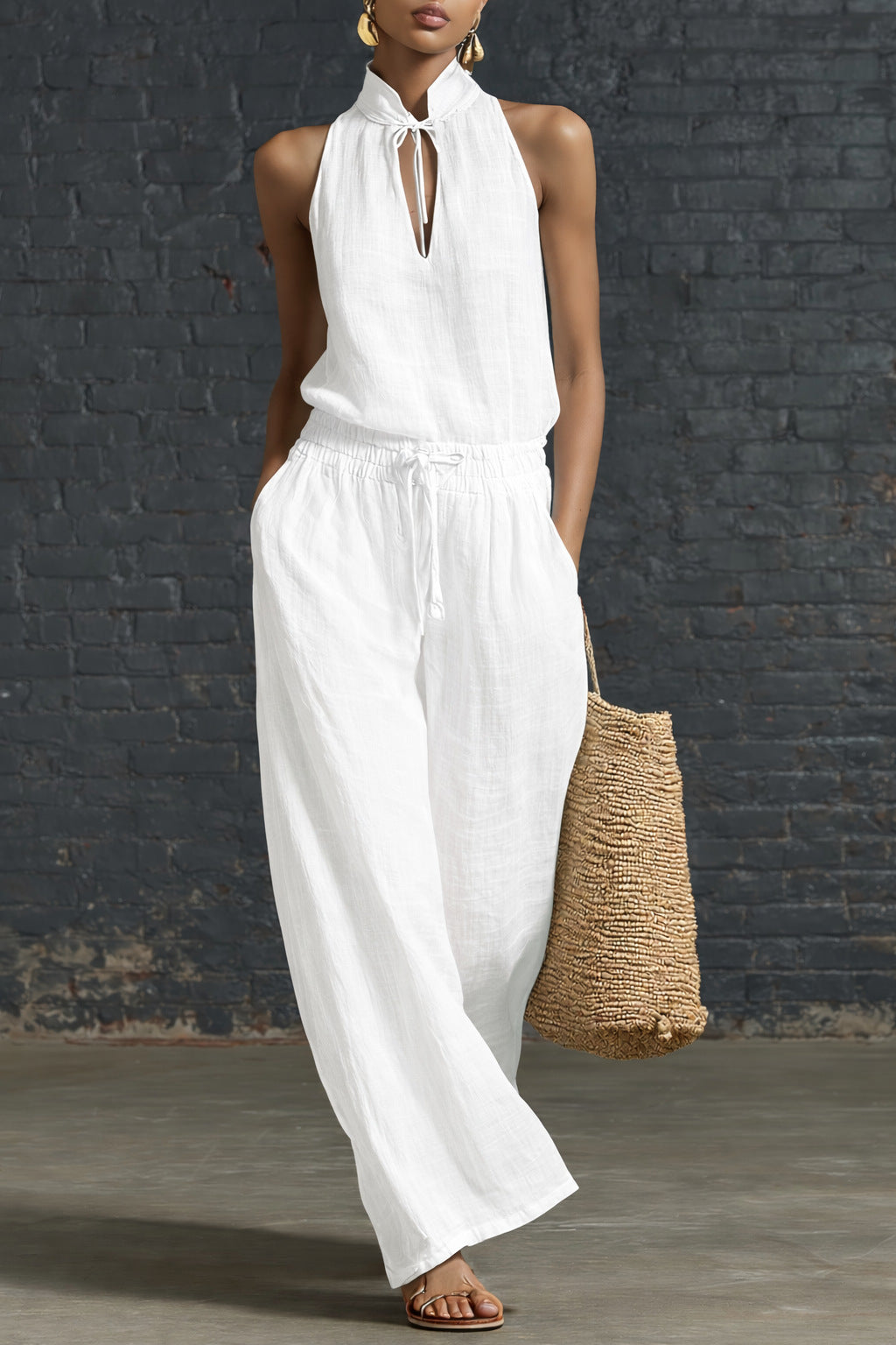 Urban-style Cotton And Linen Top And Wide-leg Pants Set