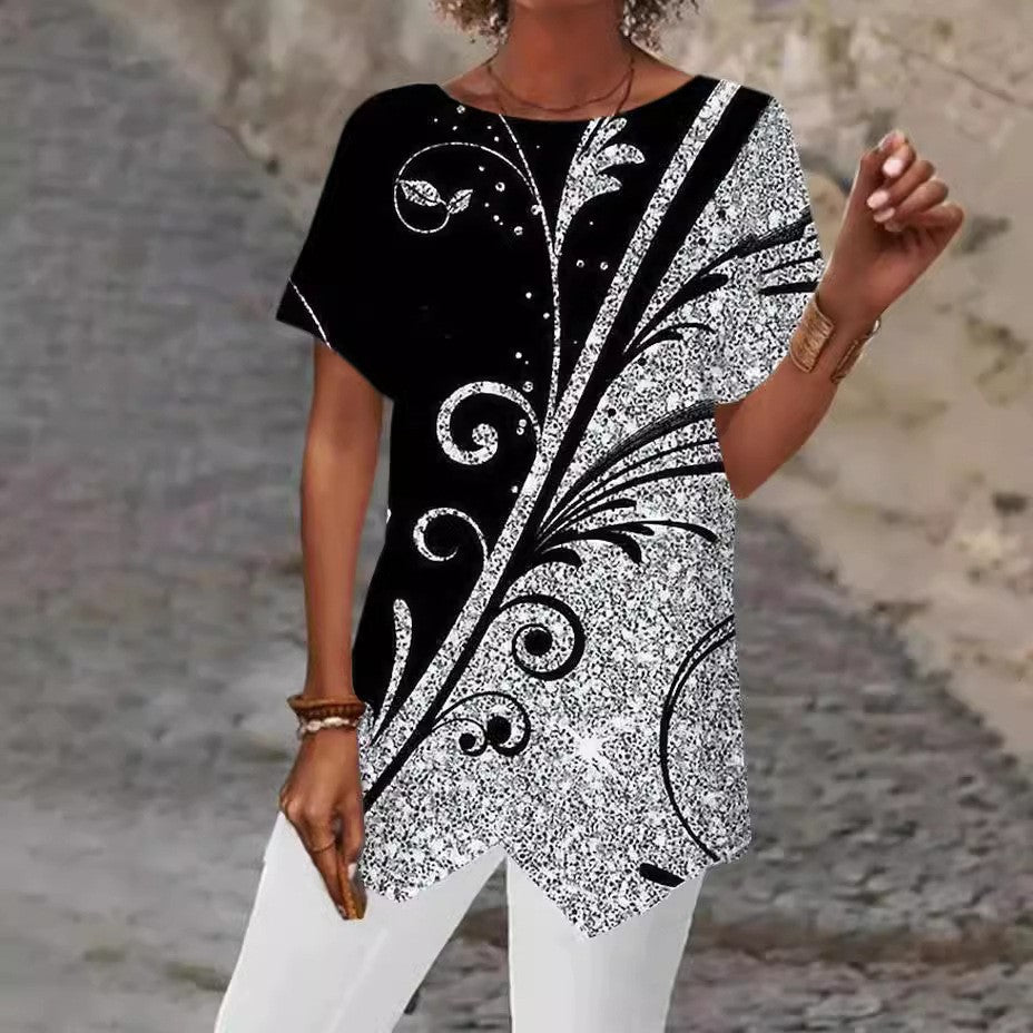 2026 European And American Summer Cross-border New Style Geometric Print Loose Short-sleeved T-shirt With Asymmetrical Hem