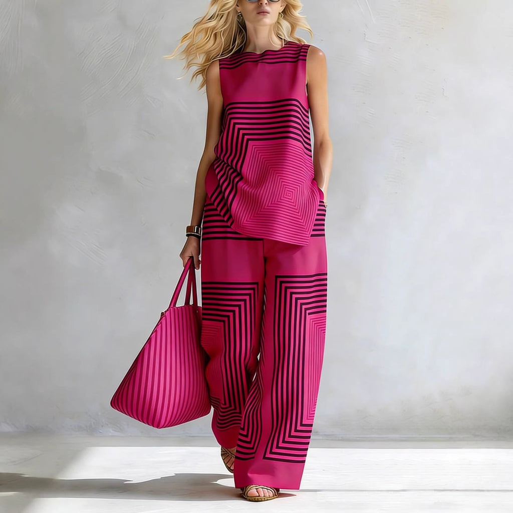 Lightweight Geometric Striped Sleeveless Top And Wide-leg Pants