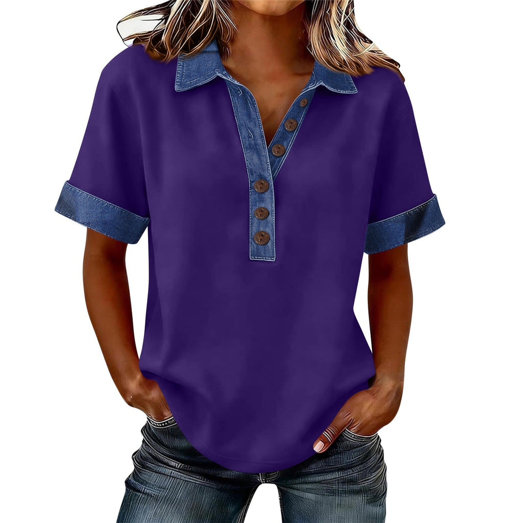 Summer New Denim Patchwork Polo Shirt