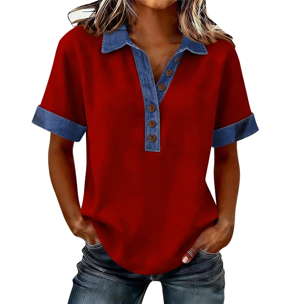 Summer New Denim Patchwork Polo Shirt