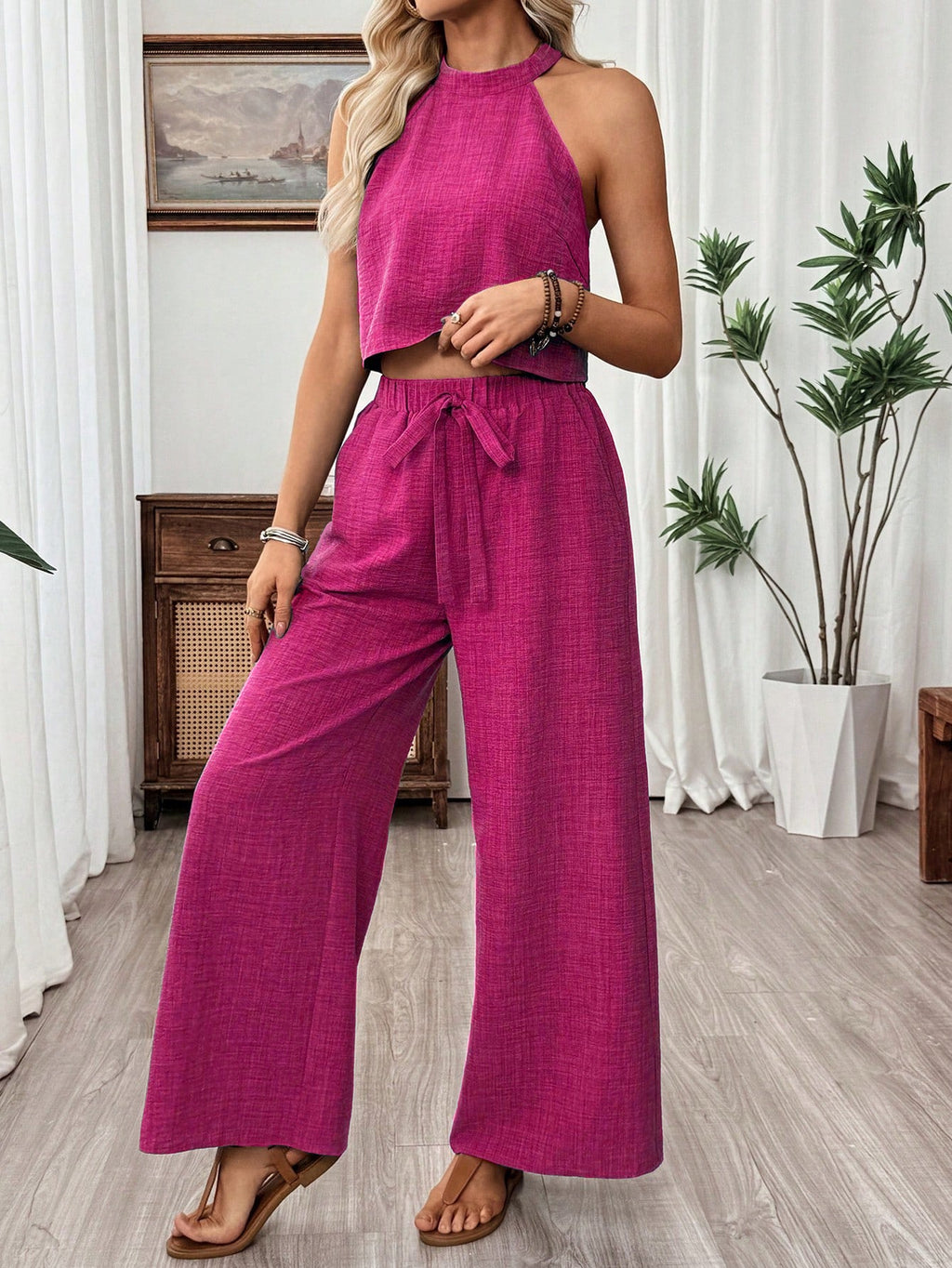 Neck-hanging Sleeveless Cropped Top And Wide-leg Pants Set