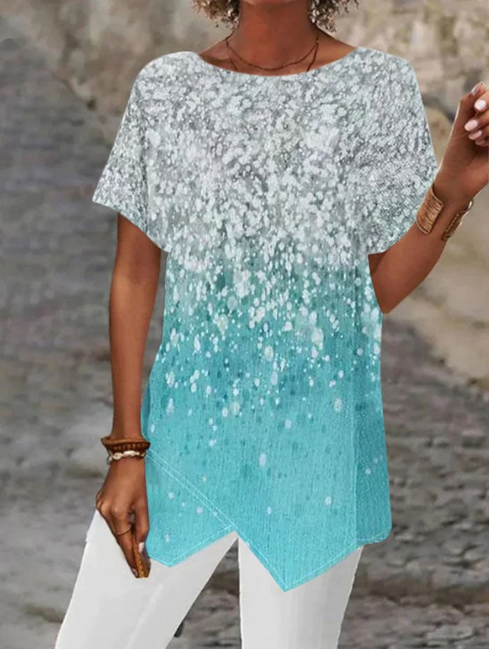 2026 European And American Summer Cross-border New Style Geometric Print Loose Short-sleeved T-shirt With Asymmetrical Hem