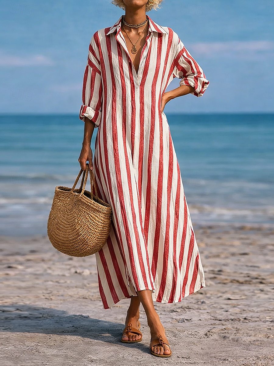SpringSummer New Striped Lapel-Pocket Dress
