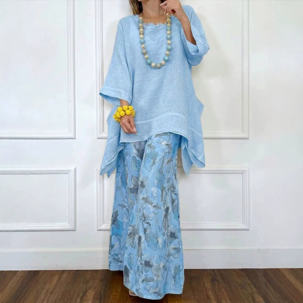 Womens Casual Cotton-Linen Irregular Top And Wide-Leg Pants Set