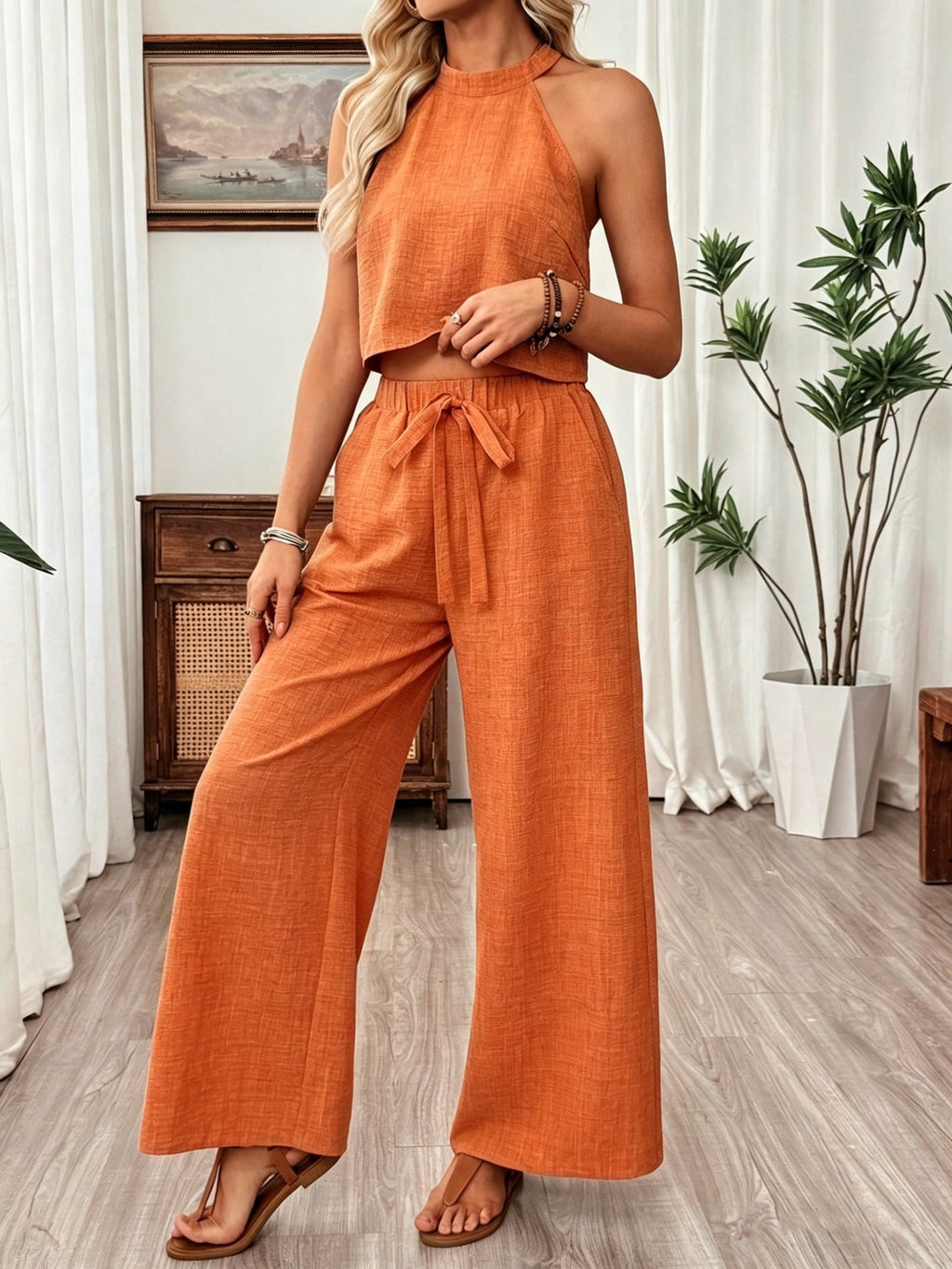 Neck-hanging Sleeveless Cropped Top And Wide-leg Pants Set