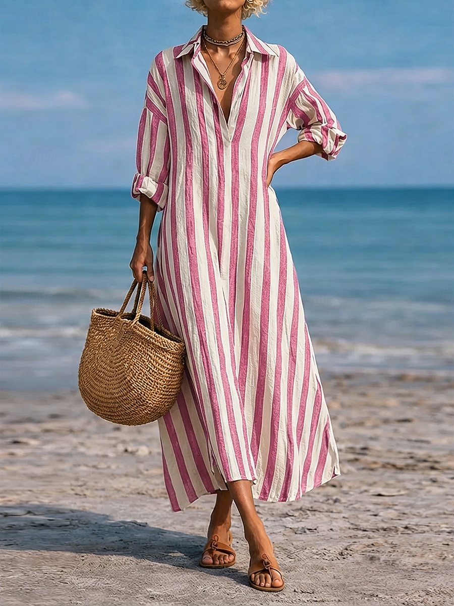 SpringSummer New Striped Lapel-Pocket Dress