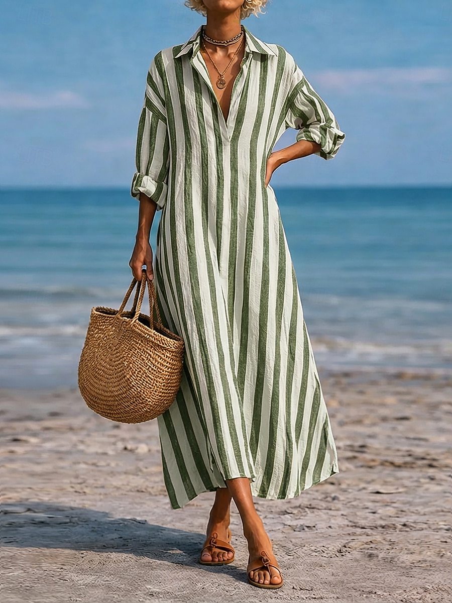 SpringSummer New Striped Lapel-Pocket Dress
