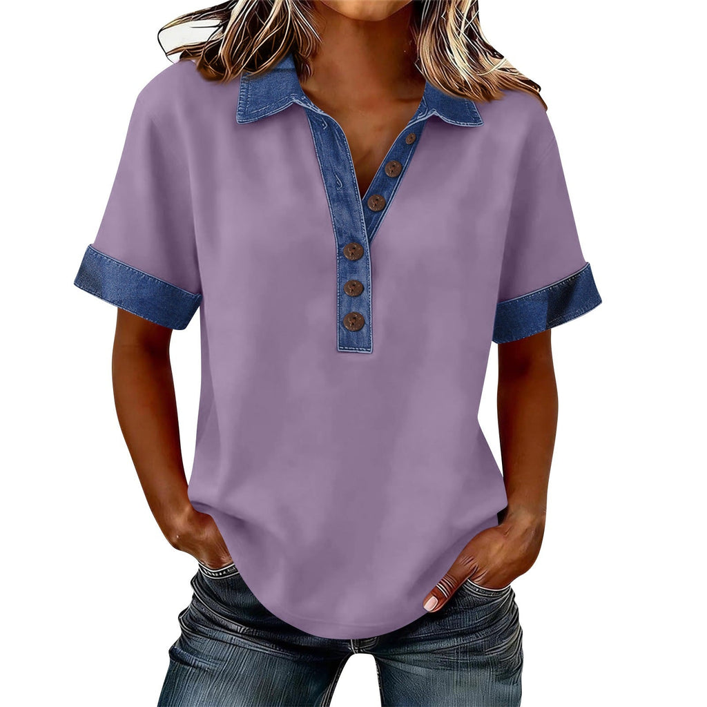 Summer New Denim Patchwork Polo Shirt