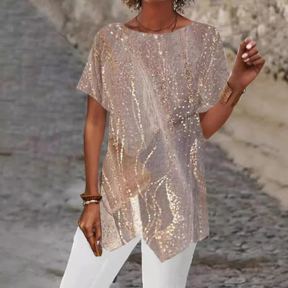 2026 European And American Summer Cross-border New Style Geometric Print Loose Short-sleeved T-shirt With Asymmetrical Hem