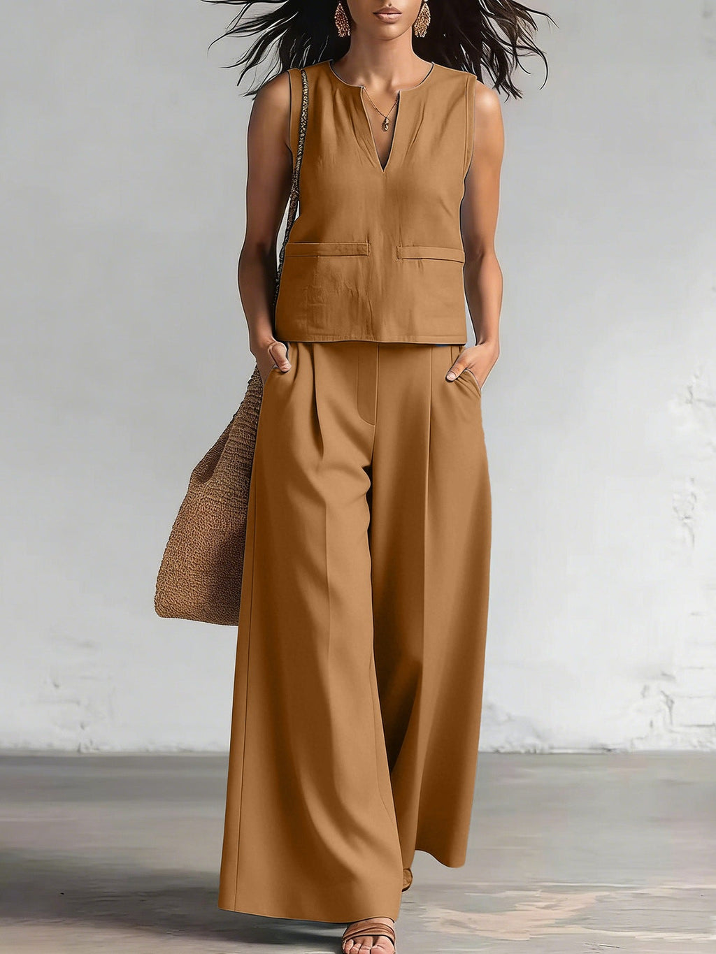Solid-color Elegant Two-piece Set Crew-neck Vest And Wide-leg Pants