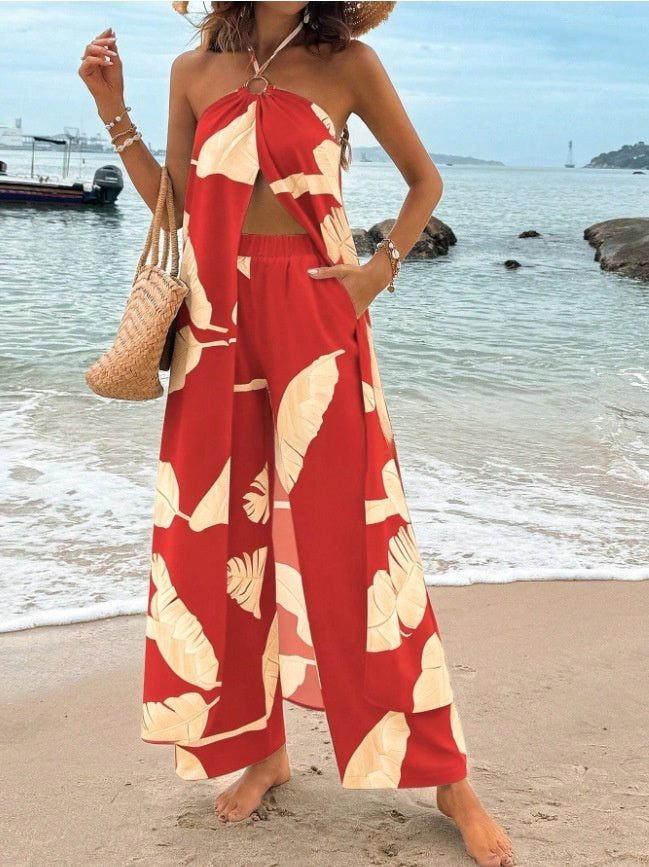 Fashionable Resort-Style Printed Halterneck Slit Jumpsuit With Wide-Leg Pants
