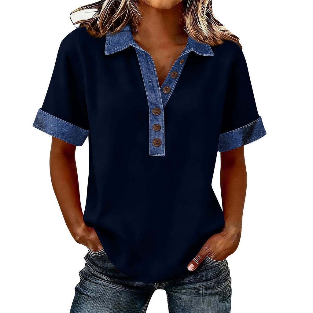 Summer New Denim Patchwork Polo Shirt