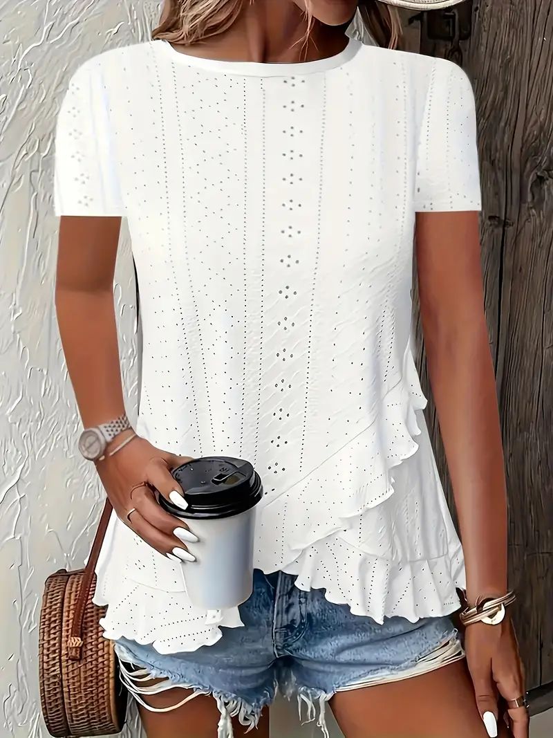 Summer New Women's Fashion Plus-Size Asymmetrical Ruffled Hem Short-Sleeve Top