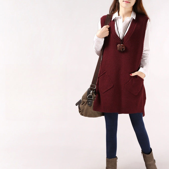 Loose Slimming Versatile Plus-Size V-Neck Knitted Sweater Vest For Women