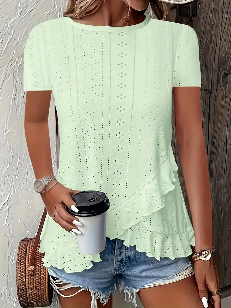 Summer New Women's Fashion Plus-Size Asymmetrical Ruffled Hem Short-Sleeve Top