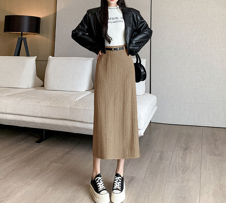 Knitted Sheath Straight Skirt with French Stripe Slit