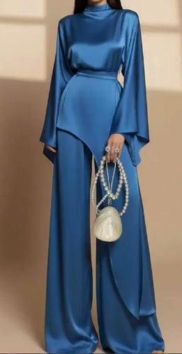 Satin High-Neck Asymmetric Waist Wide-Leg Pants Set