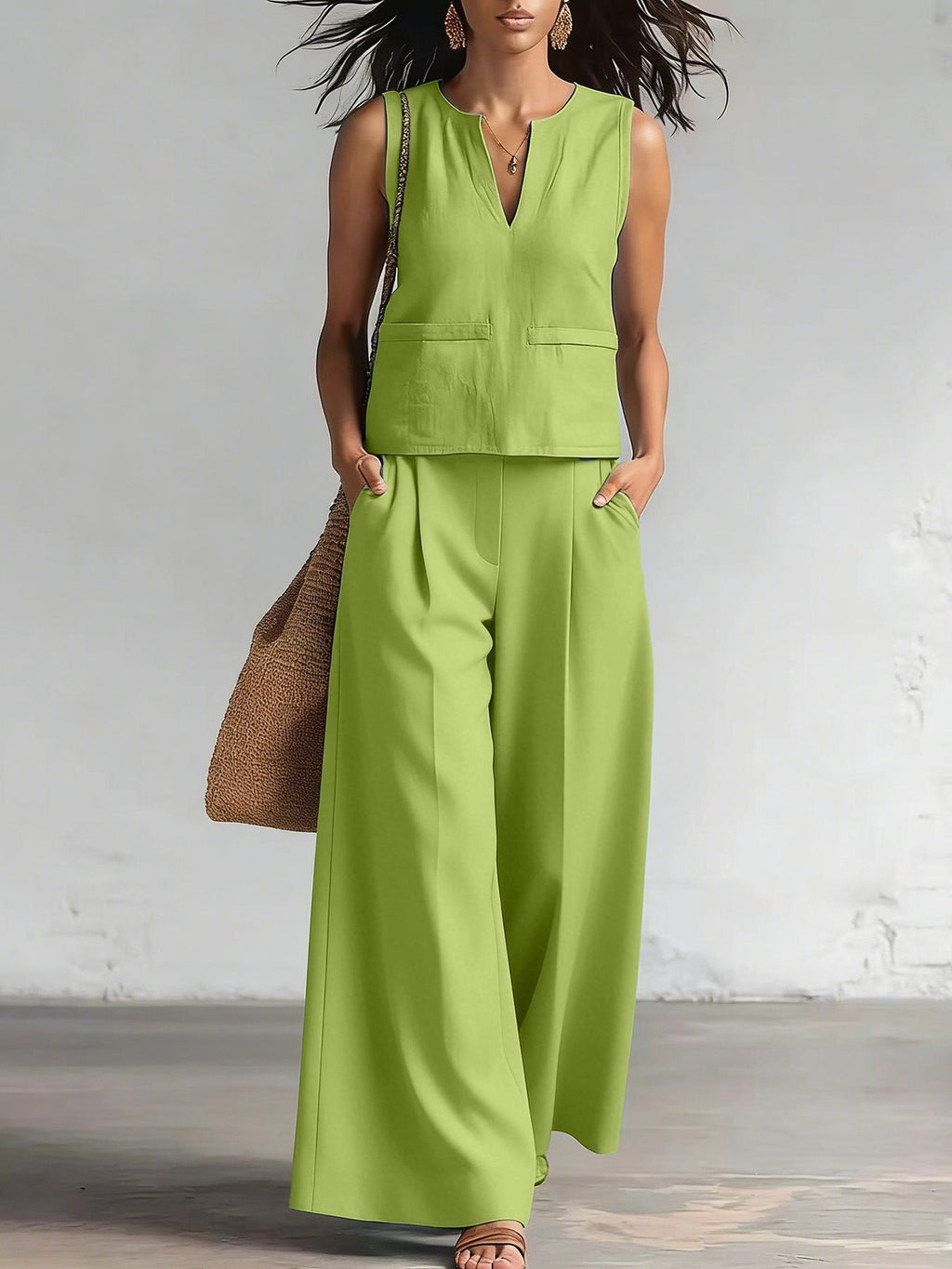 Solid-color Elegant Two-piece Set Crew-neck Vest And Wide-leg Pants