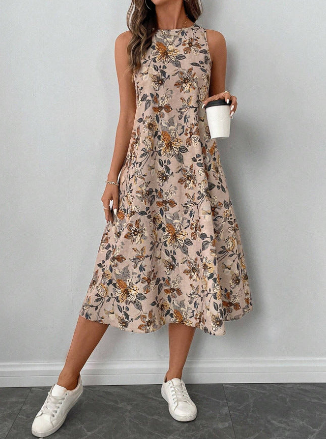 Womens Printed All-Match Sleeveless Pocketed Dress
