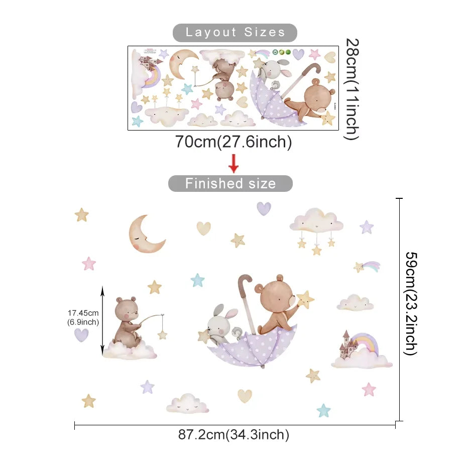 Cartoon Hot Air Balloon Wall Stickers | Animals, Bear & Rabbits Decals for Nursery