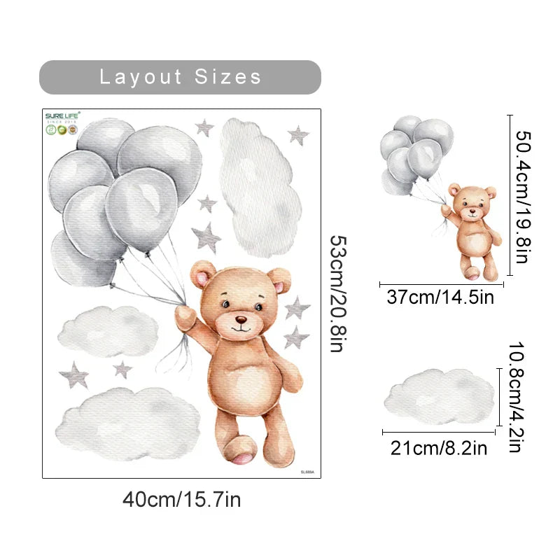 Cartoon Hot Air Balloon Wall Stickers | Animals, Bear & Rabbits Decals for Nursery