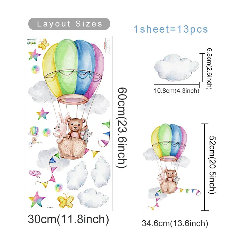 Cartoon Hot Air Balloon Wall Stickers | Animals, Bear & Rabbits Decals for Nursery