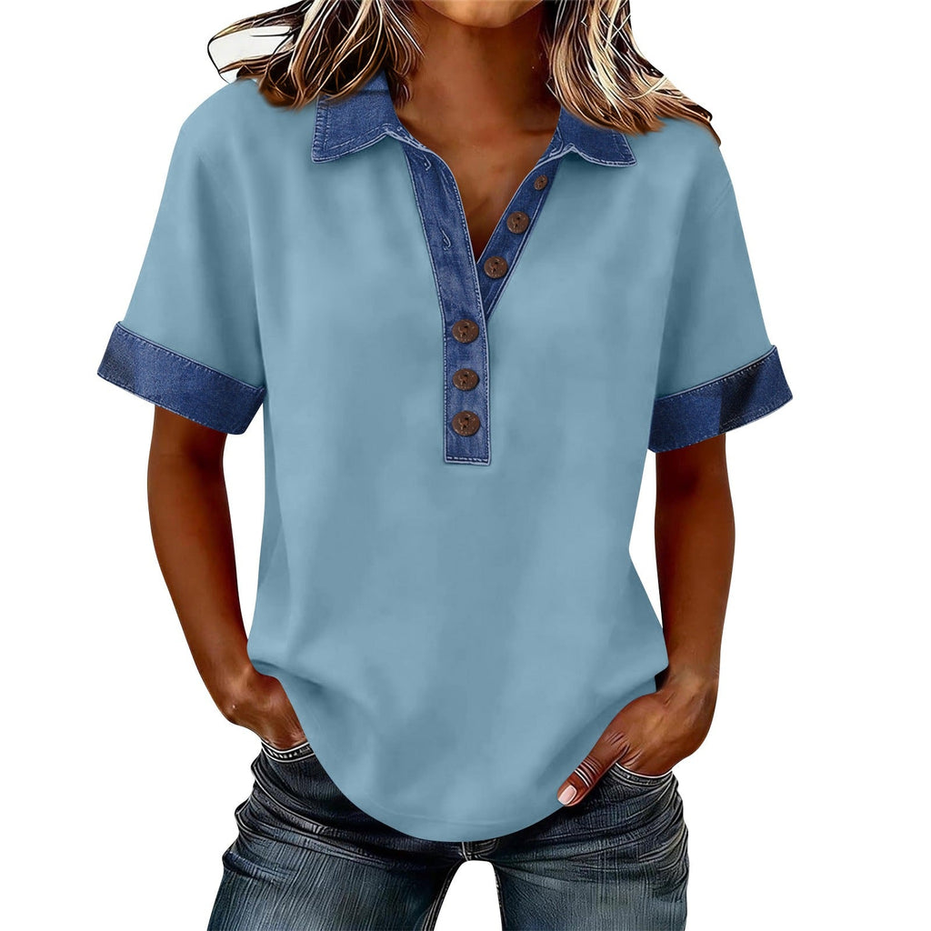 Summer New Denim Patchwork Polo Shirt