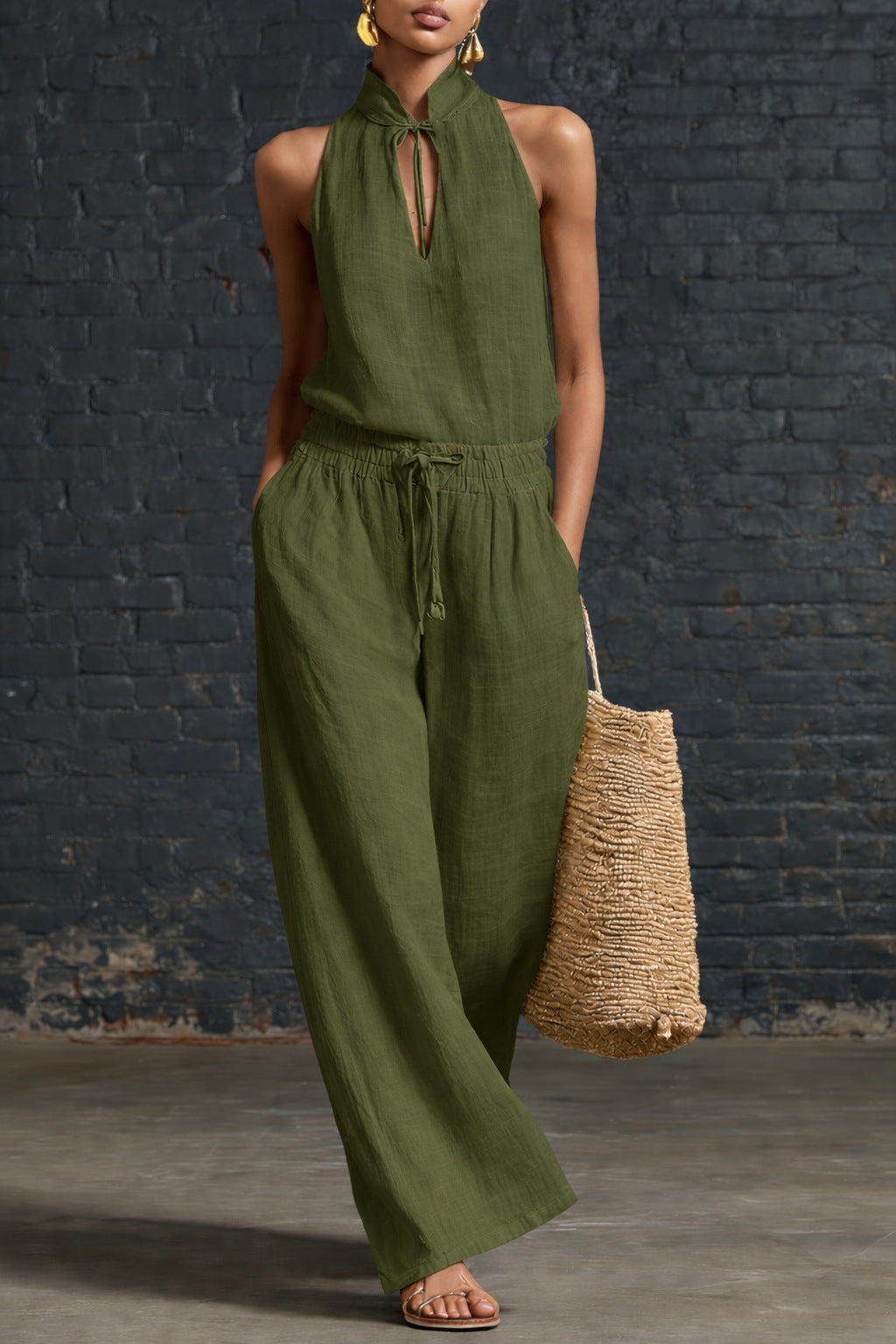 Urban-style Cotton And Linen Top And Wide-leg Pants Set