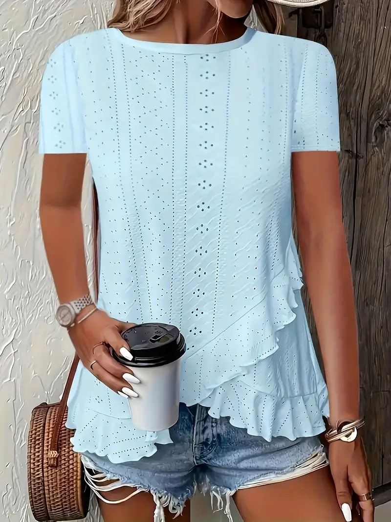 Summer New Women's Fashion Plus-Size Asymmetrical Ruffled Hem Short-Sleeve Top