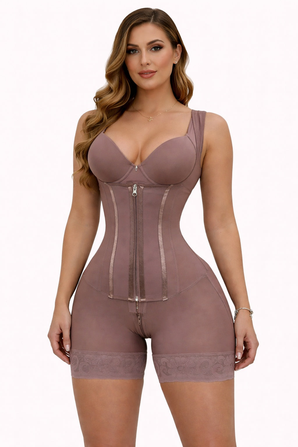 High Compression Shapewear With Front Zipper And Mid-Thigh