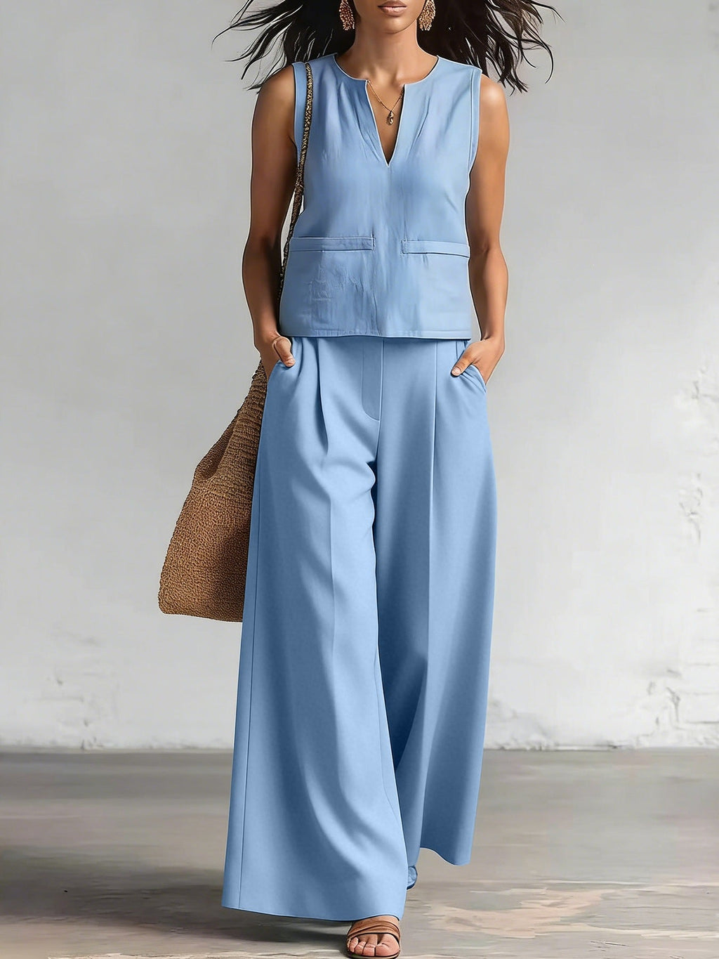 Solid-color Elegant Two-piece Set Crew-neck Vest And Wide-leg Pants