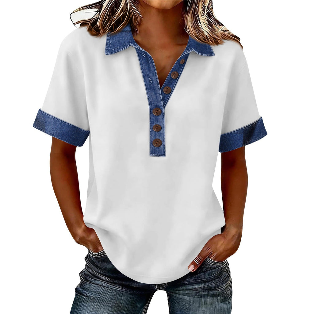 Summer New Denim Patchwork Polo Shirt