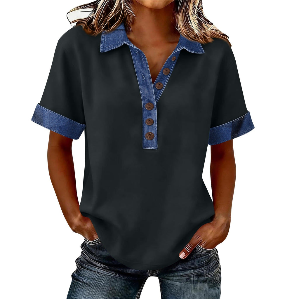 Summer New Denim Patchwork Polo Shirt