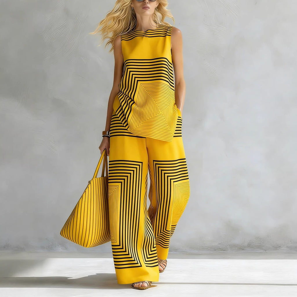 Lightweight Geometric Striped Sleeveless Top And Wide-leg Pants
