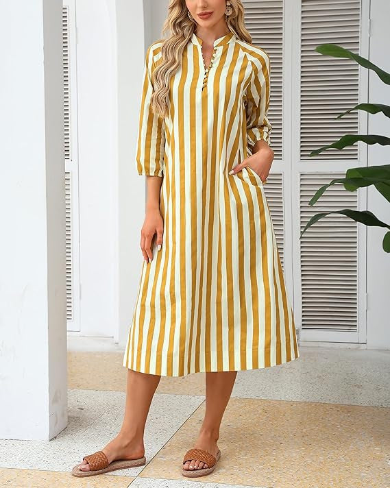 V-neck Striped Dress-shirt Skirt Thats Slimming And Relaxed-fit