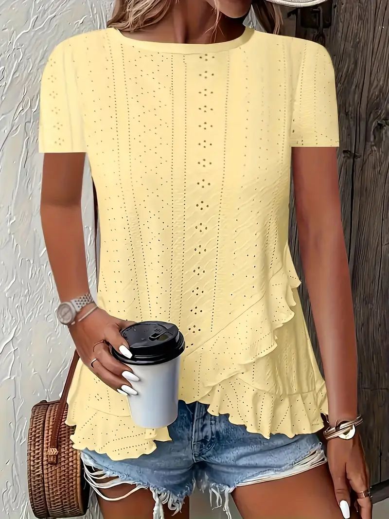 Summer New Women's Fashion Plus-Size Asymmetrical Ruffled Hem Short-Sleeve Top