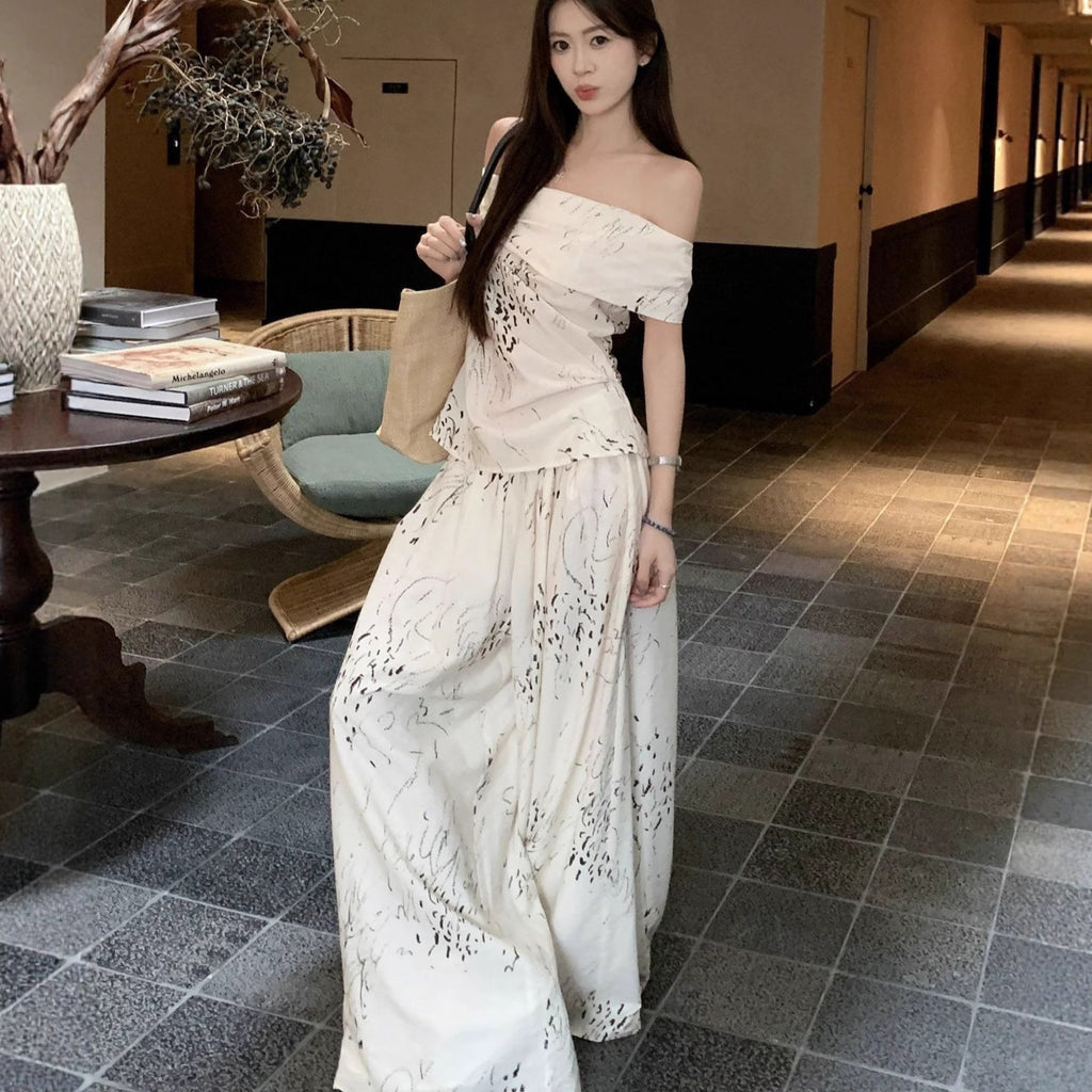 Niche Off-shoulder Printed Top And Wide-leg Pants Two-piece Set