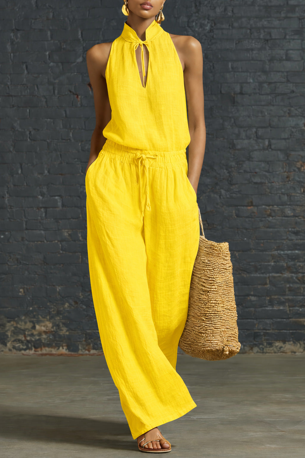 Urban-style Cotton And Linen Top And Wide-leg Pants Set