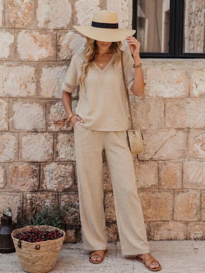Fashionable V-neck Embroidered Top With Casual Wide-leg Pants Elegant Womens Set
