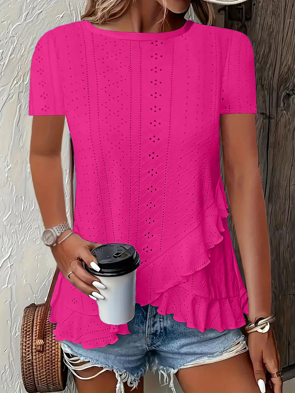 Summer New Women's Fashion Plus-Size Asymmetrical Ruffled Hem Short-Sleeve Top