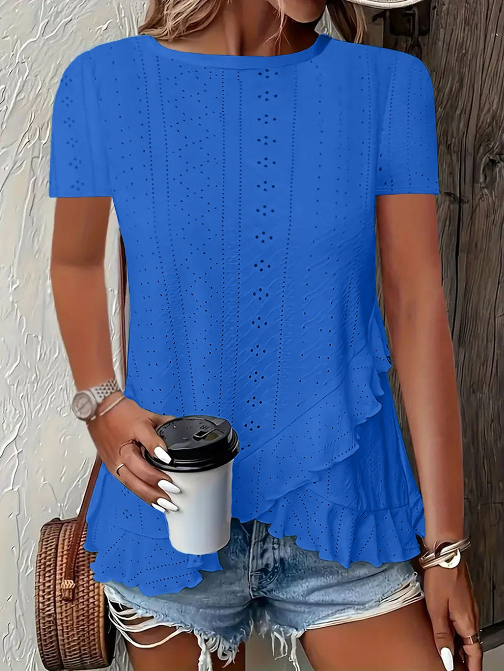 Summer New Women's Fashion Plus-Size Asymmetrical Ruffled Hem Short-Sleeve Top