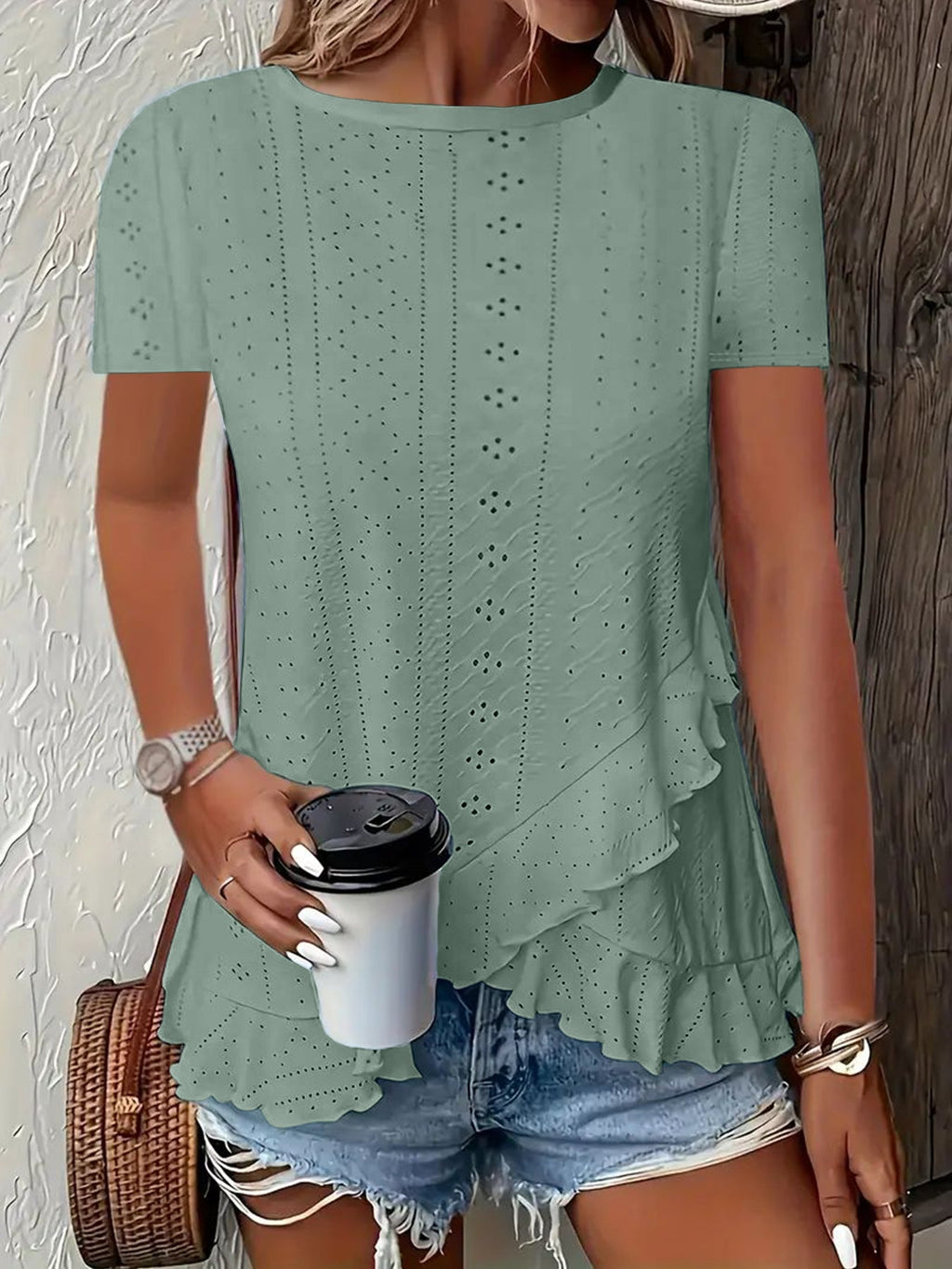 Summer New Women's Fashion Plus-Size Asymmetrical Ruffled Hem Short-Sleeve Top