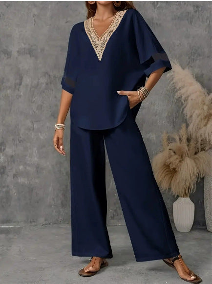 Fashionable V-neck Embroidered Top With Casual Wide-leg Pants Elegant Womens Set