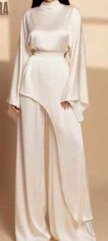 Satin High-Neck Asymmetric Waist Wide-Leg Pants Set